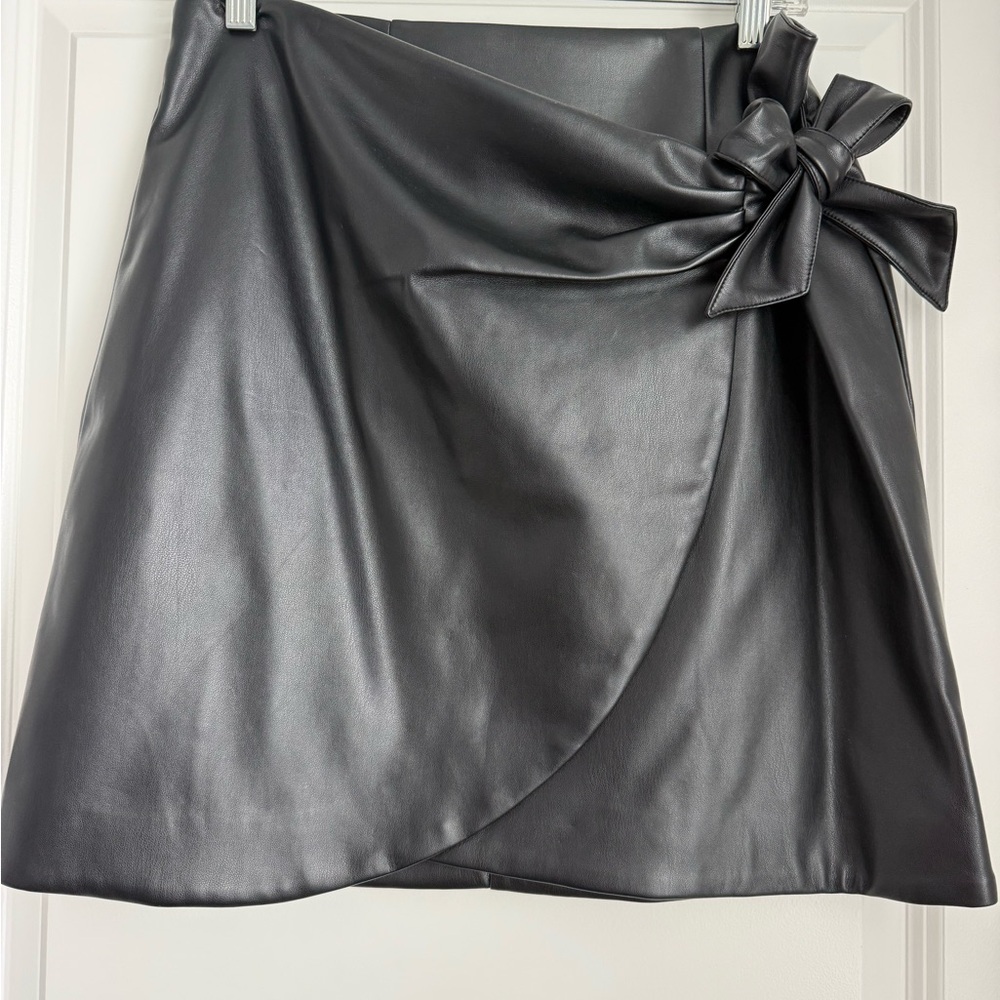LOFT Black Faux Leather Wrap Mini Skirt with Side Bow Detail